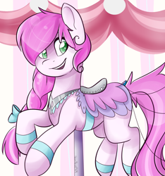 Size: 1200x1280 | Tagged: safe, artist:neonblaze909, oc, oc only, oc:neow, species:earth pony, species:pony, bow, braid, carousel, hair bow, saddle bag, signature, smiling, solo