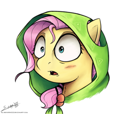 Size: 5060x4500 | Tagged: safe, artist:silverhopexiii, character:fluttershy, absurd resolution, bust, clothing, female, hoodie, ponytail, portrait, scared, signature, simple background, solo, white background, wide eyes