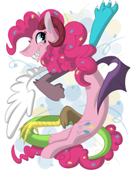 Size: 2550x3300 | Tagged: safe, artist:okapifeathers, character:pinkie pie, species:draconequus, draconequified, female, pinkonequus, simple background, solo, species swap, xk-class end-of-the-world scenario