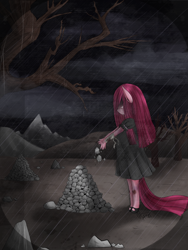 Size: 1024x1365 | Tagged: safe, artist:chiakitasso, character:pinkamena diane pie, character:pinkie pie, species:anthro, species:unguligrade anthro, clothing, crying, female, rain, rock farm, solo, young