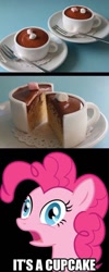 Size: 552x1381 | Tagged: safe, artist:flizzick, edit, character:pinkie pie, species:earth pony, species:pony, episode:too many pinkie pies, g4, my little pony: friendship is magic, bust, cake, caption, cup, cupcake, derp, female, food, fork, frown, gasp, image macro, literal, mare, obligatory pony, open mouth, pun, shocked, solo, text, vector, wide eyes