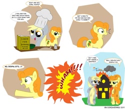 Size: 1108x965 | Tagged: safe, artist:gonzahermeg, character:carrot top, character:derpy hooves, character:golden harvest, character:rainbow dash, species:pegasus, species:pony, chef's hat, clothing, comic, female, fire, for dummies, hat, mare