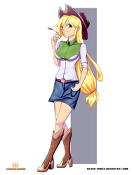 Size: 1500x2000 | Tagged: safe, artist:silver-wingx, character:applejack, my little pony:equestria girls, applejack's hat, boots, clothing, cowboy boots, cowboy hat, crossed legs, denim skirt, female, hat, haystick, human coloration, shoes, skirt, solo, stetson