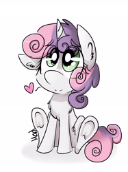 Size: 1535x2047 | Tagged: safe, artist:mad-maker-cat, character:sweetie belle, species:pony, species:unicorn, chest fluff, cute, diasweetes, ear fluff, eye clipping through hair, female, filly, frog (hoof), heart, leg fluff, simple background, sitting, solo, underhoof, white background