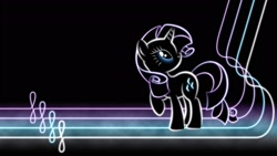 Size: 1920x1080 | Tagged: safe, artist:smockhobbes, character:rarity, species:pony, species:unicorn, black background, cutie mark, female, glow, hooves, horn, lineart, lines, looking back, mare, minimalist, modern art, neon, photoshop, raised hoof, raised leg, simple background, solo, standing, wallpaper