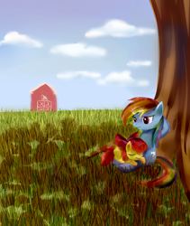 Size: 900x1068 | Tagged: safe, artist:incinerater, character:apple bloom, character:rainbow dash, duo, tree