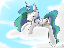Size: 1600x1200 | Tagged: safe, artist:kyroking, character:princess celestia, cloud, cloudy, cute, cutelestia, eyes closed, female, missing accessory, prone, smiling, solo