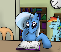 Size: 1400x1200 | Tagged: safe, artist:kyroking, character:rainbow dash, character:trixie, book, smiling