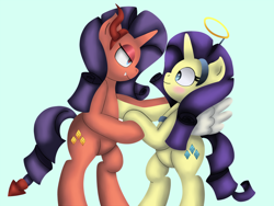 Size: 1500x1127 | Tagged: safe, artist:king-sombrero, character:rarity, episode:the saddle row review, g4, my little pony: friendship is magic, angel rarity, angel x devil, devil rarity, duo