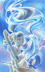 Size: 800x1265 | Tagged: safe, artist:fleebites, character:dj pon-3, character:octavia melody, character:vinyl scratch, ship:scratchtavia, cello, female, headphones, lesbian, musical instrument, shipping, traditional art