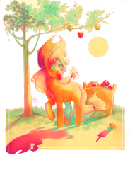Size: 882x1200 | Tagged: safe, artist:fleebites, character:applejack, species:earth pony, species:pony, apple, apple tree, cart, clothing, cowboy hat, female, food, hat, mare, marker drawing, mouth hold, shadow, solo, sun, traditional art, tree