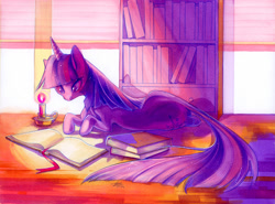 Size: 1200x886 | Tagged: safe, artist:fleebites, character:twilight sparkle, species:pony, species:unicorn, book, candle, female, mare, marker drawing, prone, reading, solo, traditional art