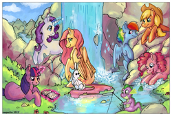 Size: 1167x790 | Tagged: safe, artist:reaperfox, character:angel bunny, character:applejack, character:fluttershy, character:pinkie pie, character:rainbow dash, character:rarity, character:spike, character:twilight sparkle, book, mane seven, waterfall