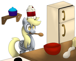 Size: 1280x1024 | Tagged: safe, artist:king-sombrero, character:derpy hooves, species:pegasus, species:pony, bowl, cooking, female, kitchen, malk, mare, milk, mouth hold, refrigerator, solo, spoon