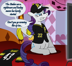 Size: 1168x1076 | Tagged: safe, artist:unoservix, character:rarity, american football, andrew mccutchen, baseball, clothing, female, hockey, ice hockey, jersey, mlb, nfl, nhl, pittsburgh, pittsburgh penguins, pittsburgh pirates, pittsburgh steelers, solo, terrible towel, troy polamalu