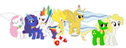 Size: 2888x1125 | Tagged: safe, artist:cooleevee759, artist:geonine, artist:klonoa-dreemurr, edit, character:applejack, character:fluttershy, character:rainbow dash, character:rarity, character:sonic the hedgehog, character:surprise, character:twilight sparkle, character:twilight sparkle (alicorn), species:alicorn, species:pony, g1, 1000 hours in ms paint, crossover, g1 to g4, generation leap, ms paint, simple background, sonic the hedgehog (series), super form, super rainbow dash, super sonic, transparent background, vector, vector edit