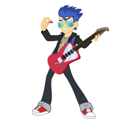 Size: 3000x3000 | Tagged: safe, artist:darthlena, character:flash sentry, my little pony:equestria girls, clothing, electric guitar, guitar, guitar pick, male, pants, shoes, simple background, solo, sunglasses, transparent background