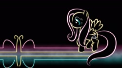 Size: 1920x1080 | Tagged: safe, artist:smockhobbes, character:fluttershy, species:pegasus, species:pony, black background, butterfly, cutie mark, female, glow, hooves, lineart, lines, mare, minimalist, modern art, neon, photoshop, simple background, solo, spread wings, standing, wallpaper, wings