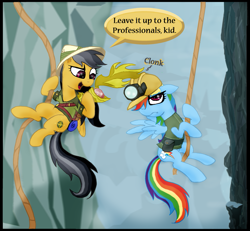 Size: 897x828 | Tagged: safe, artist:supersheep64, character:daring do, character:rainbow dash, episode:the lost treasure of griffonstone, g4, my little pony: friendship is magic, abysmal abyss, cliff, climbing, dialogue, good end, griffonstone, idol of boreas, rope, treasure