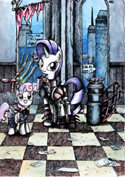 Size: 3467x4905 | Tagged: safe, artist:smellslikebeer, character:rarity, character:sweetie belle, absurd resolution, armor, armorarity, big sister, bioshock, crosshatch, crossover, duo, ink, little sister, sisters, traditional art, watercolor painting