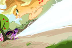 Size: 1200x800 | Tagged: safe, artist:cuteskitty, character:applejack, character:twilight sparkle, species:earth pony, species:pony, species:unicorn, fighting is magic, action pose, beam, duo, female, fight, jumping, magic, mare, orchard, tree