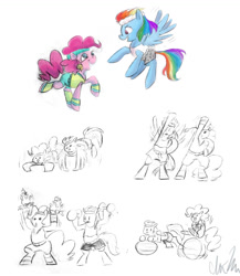 Size: 1000x1154 | Tagged: safe, artist:romaniz, character:pinkie pie, character:pound cake, character:pumpkin cake, character:rainbow dash, exercise, headband, sketch, sketch dump, workout