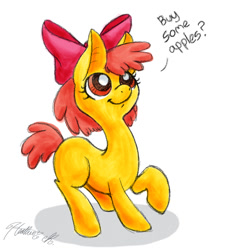 Size: 900x900 | Tagged: safe, artist:random-gal, character:apple bloom, species:earth pony, species:pony, buy some apples, female, long neck, solo