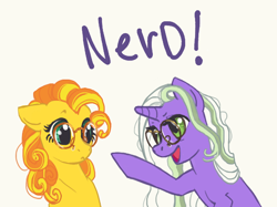 Size: 700x524 | Tagged: safe, artist:dimespin, character:bumblesweet, character:honeybuzz, oc, oc:worldbuilder, species:earth pony, species:pony, species:unicorn, glasses