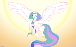 Size: 1920x1200 | Tagged: safe, artist:deeptriviality, character:princess celestia, crying, eyes closed, female, flying, sad, solo, spread wings, sun, wallpaper, wings