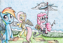 Size: 4955x3395 | Tagged: safe, artist:smellslikebeer, character:fluttershy, character:pinkie pie, character:rainbow dash, butt, cloud, crosshatch, flutterbutt, flying, ink, pedal, pedalcopter, pedaling, perplexed, plot, spread wings, traditional art, trio, wings