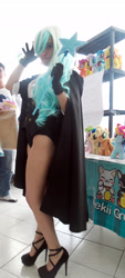 Size: 2080x4608 | Tagged: safe, artist:ribbonbell, character:trixie, species:human, cape, clothing, cosplay, costume, high heels, irl, irl human, leotard, magician, magician outfit, photo, plushie, tuxedo, wand