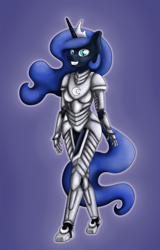 Size: 983x1538 | Tagged: safe, artist:pentoolqueen, character:princess luna, species:anthro, armor, fangs