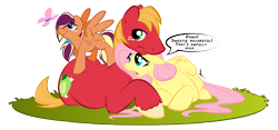 Size: 4500x2100 | Tagged: safe, artist:littletiger488, character:big mcintosh, character:fluttershy, oc, oc:dawn, parent:big macintosh, parent:fluttershy, parents:fluttermac, species:earth pony, species:pony, ship:fluttermac, butterfly, female, filly, fluttermom, male, offspring, parent, shipping, stallion, straight