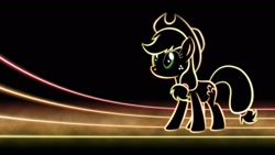 Size: 1920x1080 | Tagged: safe, artist:smockhobbes, character:applejack, species:earth pony, species:pony, black background, clothing, cowboy hat, female, freckles, glow, hat, lineart, lines, mare, minimalist, modern art, neon, palindrome get, photoshop, simple background, solo, standing, stetson, wallpaper