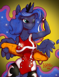Size: 773x1000 | Tagged: safe, artist:clopplots, character:princess luna, species:alicorn, species:anthro, species:pony, armpits, both cutie marks, breasts, busty princess luna, cleavage, clothing, ear fluff, fanfic art, fanfic cover, female, lifeguard, mare, one-piece swimsuit, smiling, solo, spread wings, swimsuit, wings