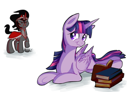 Size: 900x650 | Tagged: safe, artist:patty-plmh, character:king sombra, character:twilight sparkle, character:twilight sparkle (alicorn), species:alicorn, species:pony, ship:twibra, book, female, male, prone, reading, shipping, stomping, straight