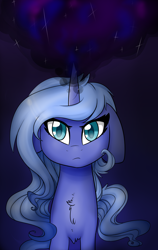 Size: 1200x1900 | Tagged: safe, artist:neonblaze909, character:nightmare moon, character:princess luna, angry, female, filly, floppy ears, solo, transformation, woona, young