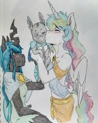Size: 1374x1710 | Tagged: safe, artist:spark-theory, character:princess celestia, character:queen chrysalis, oc, oc:karner blue, parent:princess celestia, parent:queen chrysalis, parents:chryslestia, species:anthro, ship:chryslestia, baby, clothing, female, hybrid, interspecies offspring, kiss on the cheek, kissing, lesbian, magical lesbian spawn, momlestia, offspring, shipping, simple background, traditional art