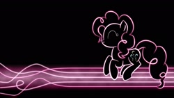 Size: 1920x1080 | Tagged: safe, artist:smockhobbes, character:pinkie pie, species:earth pony, species:pony, black background, cutie mark, eyes closed, female, glow, happy, hooves, hopping, jumping, lineart, lines, mare, minimalist, modern art, neon, photoshop, simple background, solo, wallpaper
