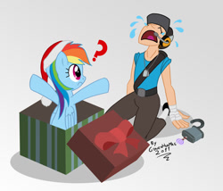 Size: 1037x886 | Tagged: safe, artist:gonzahermeg, character:rainbow dash, species:human, christmas, clothing, confused, crossover, crying, eyes closed, frown, hat, kneeling, lock, open mouth, present, pun, question mark, rainbows make me cry, santa hat, scout, team fortress 2