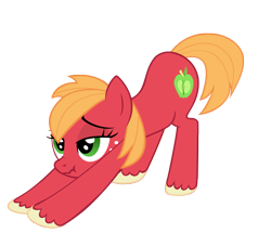 Size: 2157x1855 | Tagged: safe, artist:luckysmores, character:big mcintosh, species:earth pony, species:pony, exploitable meme, female, iwtcird, macareina, rule 63, scrunchy face, simple background, solo, stretching, transparent background