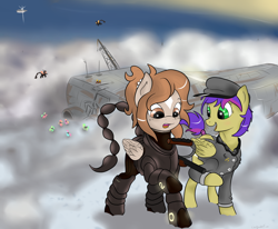 Size: 4000x3300 | Tagged: safe, artist:colgatefim, oc, oc only, oc:sunset sherbet, species:pegasus, species:pony, fallout equestria, armor, clothing, cloudship, enclave, enclave armor, enclave raptor, fallout, fanfic, fanfic art, female, grand pegasus enclave, hat, hooves, mare, open mouth, power armor, powered exoskeleton, raptor battleship, wings