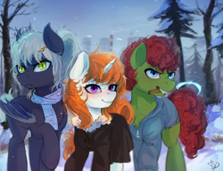 Size: 1280x984 | Tagged: safe, artist:asianpony, oc, oc only, species:bat, species:bat pony, species:earth pony, species:pony, species:unicorn, clothing, fanfic, fanfic art, festral, male, pencil, scarf, snow, snowfall, stallion, weapon, winter