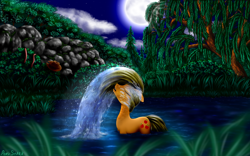 Size: 2560x1600 | Tagged: safe, artist:pony-stark, character:applejack, bathing, female, forest, hair flip, moon, night, outdoors, pond, solo, water, wet mane