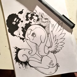Size: 2048x2048 | Tagged: safe, artist:mizore43, character:fluttershy, species:pegasus, species:pony, black and white, copic, female, floppy ears, grayscale, lineart, marker, marker drawing, markers, monochrome, open mouth, shadows, sitting, solo, spread wings, teary eyes, traditional art, wings