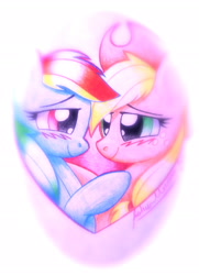 Size: 2238x3085 | Tagged: safe, artist:twintailsinc, character:applejack, character:rainbow dash, species:pony, ship:appledash, blushing, female, lesbian, mare, shipping