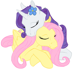 Size: 559x528 | Tagged: safe, artist:quoting_mungo, character:fluttershy, character:rarity, species:pony, ship:rarishy, cuddling, female, flower, flower in hair, hoers, lesbian, mare, shipping, snuggling