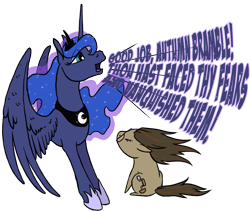 Size: 733x618 | Tagged: safe, artist:quoting_mungo, character:princess luna, oc, oc:autumn bramble, species:alicorn, species:earth pony, species:pony, chibi, glasses, traditional royal canterlot voice