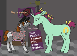 Size: 1055x767 | Tagged: safe, artist:quoting_mungo, oc, oc only, oc:lucky charm, oc:omnislut, species:earth pony, species:pony, species:unicorn, clothing, duo, eyes closed, glasses, mouth hold