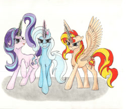 Size: 1280x1105 | Tagged: safe, artist:penkatshi, artist:tacosprinkles, character:starlight glimmer, character:sunset shimmer, character:trixie, species:alicorn, species:pony, alicornified, magical trio, race swap, shimmercorn, traditional art, twilight's counterparts